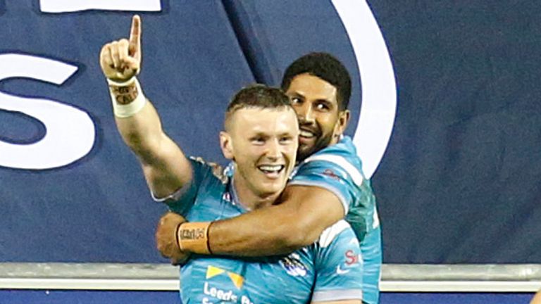 Picture by Ed Sykes/SWpix.com - 12/05/2023 - Rugby League - Betfred Super League Round 12 - Wigan Warriors v Leeds Rhinos - DW Stadium, Wigan, England - Leeds Rhinos' Harry Newman celebrates scoring a try