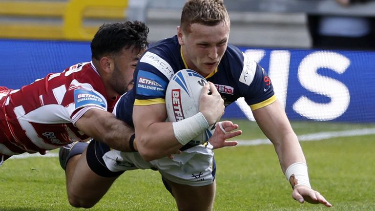 Leeds Rhino's Harry Newman scores in Challenge Cup against Wigan