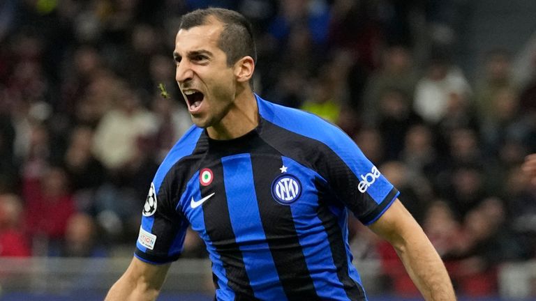 Inter Milan's Henrikh Mkhitaryan celebrates after scoring his side's second goal during the Champions League semifinal first leg soccer match between AC Milan and Inter Milan at the San Siro stadium in Milan, Italy, Wednesday, May 10, 2023. (AP Photo/Antonio Calanni)