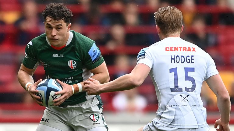 Henry Arundell of London Irish makes a break during the Gallagher Premiership Rugby match between London Irish and Exeter Chiefs at Gtech Community Stadium on May 06, 2023 in Brentford, England. (Photo by Alex Davidson/Getty Images)