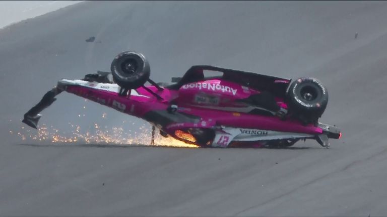 A huge collision at the Indianapolis 500 saw Kyle Kirkwood hit Felix Rosenqvist and flip his car, sending one of his tyres flying over spectators and crashing into a parked car - with both drivers walking away from the wrecks.