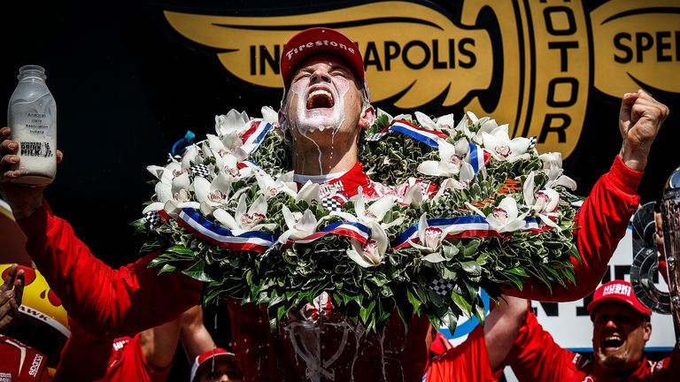 Marcus Ericsson celebrates victory at the 2022 Indy 500