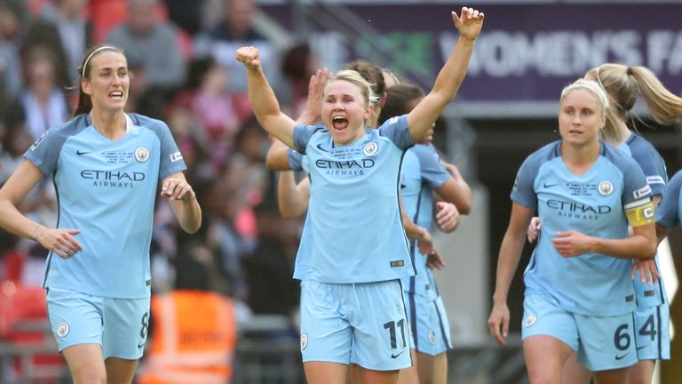 Izzy Christiansen celebrates scoring for Manchester City in the 2017 Women&#39;s FA Cup final at Wembley.
