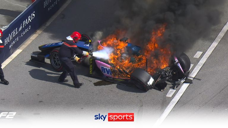 Jack Doohan&#39;s Alpine sets fire during the F2 race in Monaco