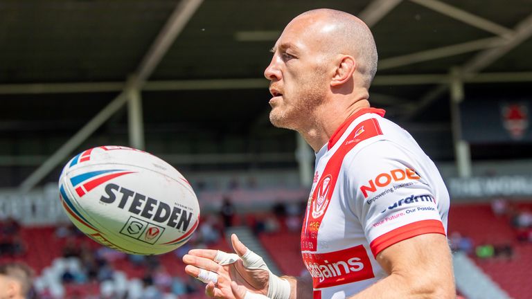 St Helens' James Roby warms up ahead of making his club record-breaking 532nd appearance for St Helens.