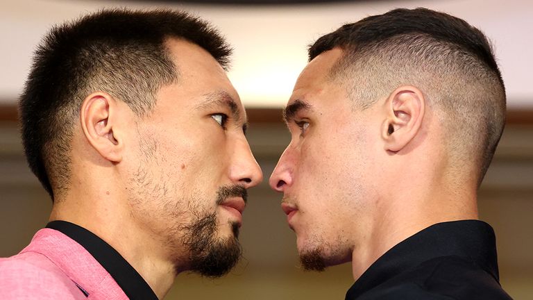MANTECA, CALIFORNIA - MAY 11: Janibek Alimkhanuly (L) and Steven Butler (R) face-off during the press conference prior to their May 13 WBO middleweight championship fight at Great Wolf Lodge on May 11, 2023 in Manteca, California. (Photo by Mikey Williams/Top Rank Inc via Getty Images).