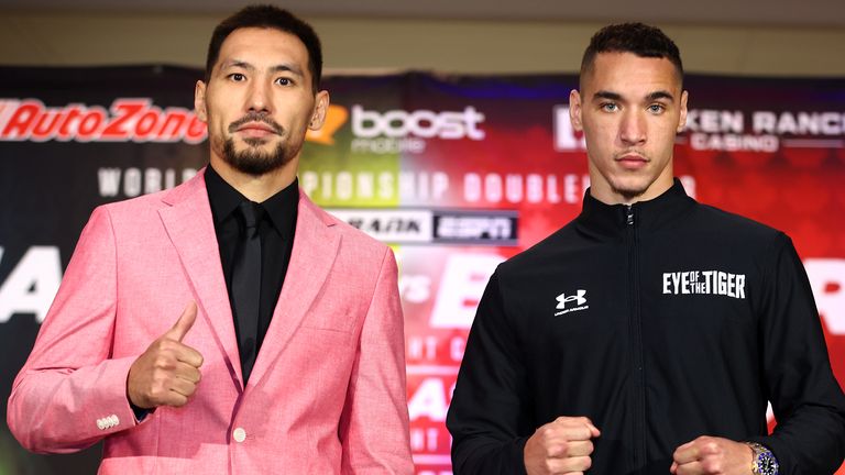 MANTECA, CALIFORNIA - MAY 11: Janibek Alimkhanuly (L) and Steven Butler (R) pose during a press conference before their May 13 WBO middleweight championship fight at Great Wolf Lodge on May 11, 2023 in Manteca, California.  (Photo by Mikey Williams/Top Rank Inc via Getty Images)