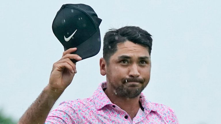 Jason Day, of Australia, tips his hat after sinking a birdie putt on the 18th hole to win the Byron Nelson golf tournament in McKinney, Texas, Sunday, May 14, 2023. (AP Photo/LM Otero)