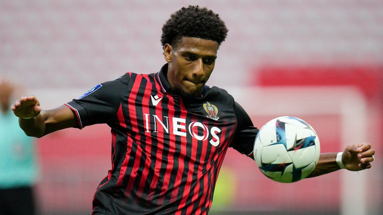 Nice's Jean-Clair Todibo controls the ball during the French League One soccer match between Nice and Strasbourg at the Allianz Riviera stadium in Nice, southern France, Sunday, Aug. 14, 2022. (AP Photo/Daniel Cole)