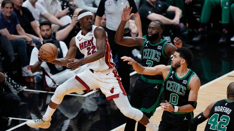 Miami Heat forward Jimmy Butler looks to pass during the first half of Game 3 of the NBA basketball playoffs Eastern Conference finals against the Boston Celtics