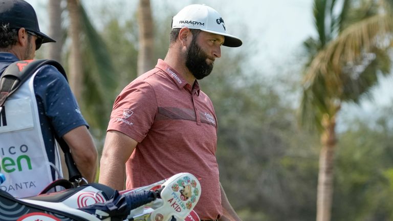 Jon Rahm of Spain gestures after putting on the 18th green during the Mexico Open golf tournament's final round in Puerto Vallarta, Mexico, Sunday, April 30, 2023. (AP Photo/Moises Castillo)