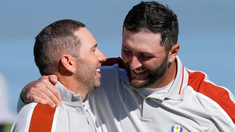 Team Europe&#39;s Sergio Garcia and Team Europe&#39;s Jon Rahm celebrate after winning their foursomes match the Ryder Cup at the Whistling Straits Golf Course Saturday, Sept. 25, 2021, in Sheboygan, Wis. (AP Photo/Ashley Landis)