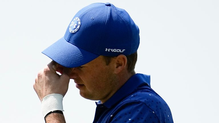 Jordan Spieth reacts after missing a putt on the third hole during the first round of the PGA Championship golf tournament at Oak Hill Country Club on Thursday, May 18, 2023, in Pittsford, N.Y. (AP Photo/Abbie Parr)