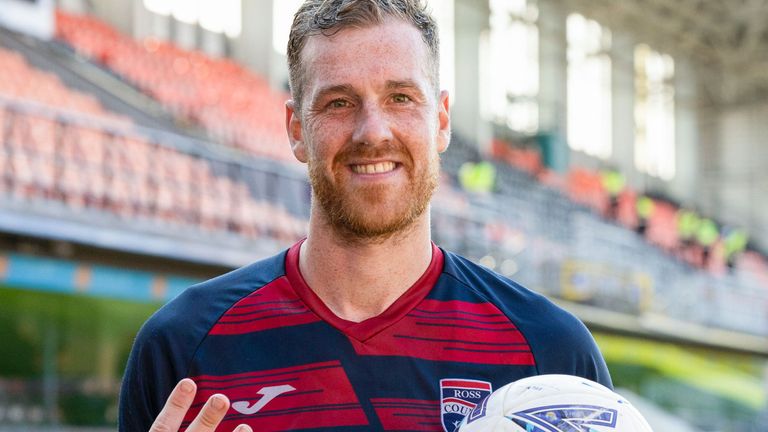 DUNDEE, SCOTLAND - MAY 13: Ross County's Jordan White with the match ball after scoring a hat trick during a cinch Premiership match between Dundee United and Ross County at Tannadice, on May 13, 2023, in Dundee, Scotland. (Photo by Ross Parker / SNS Group)