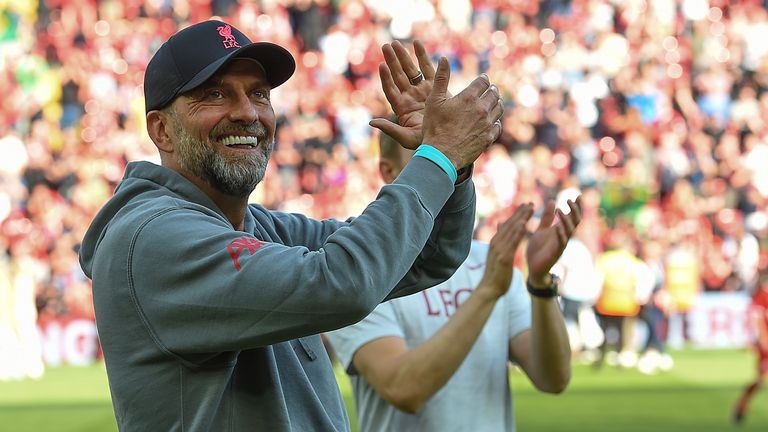 Jurgen Klopp applauds the Liverpool fans after their final home game of the season