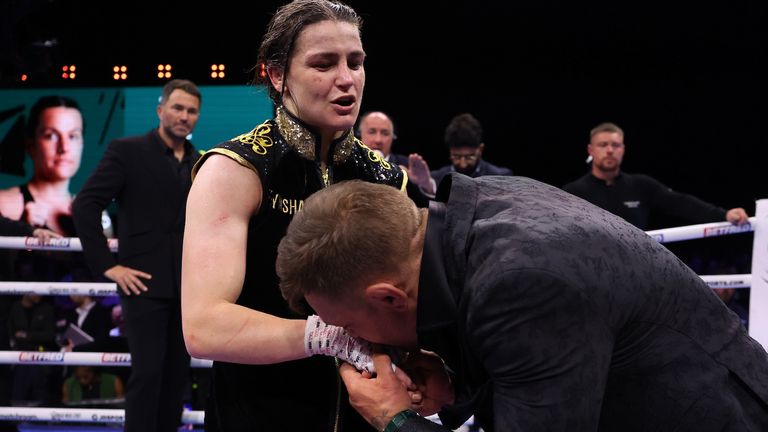 Dubln, Ireland - May 20: Katie Taylor v Chantelle Cameron, Undisputed Super-Lightweight World Title Fight..20 May 2023.Picture By Mark Robinson Matchroom Boxing.Katie Taylor with Conor McGregor after her loss. 