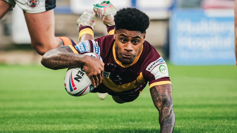 Picture by Alex Whitehead/SWpix.com - 26/05/2023 - Rugby League - Betfred Super League - Huddersfield Giants v Castleford Tigers - The John Smith's Stadium, Huddersfield, England - Huddersfield’s Kevin Naiqama scores a try.