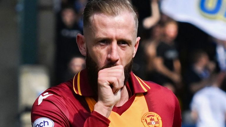 PERTH, SCOTLAND - MAY 13: Motherwell's Kevin van Veen (C) celebrates scoring to make it 1-0 during a cinch Premiership match between St Johnstone and Motherwell at McDiarmid Park, on May 13, 2023, in Perth, Scotland. (Photo by Paul Devlin / SNS Group)
