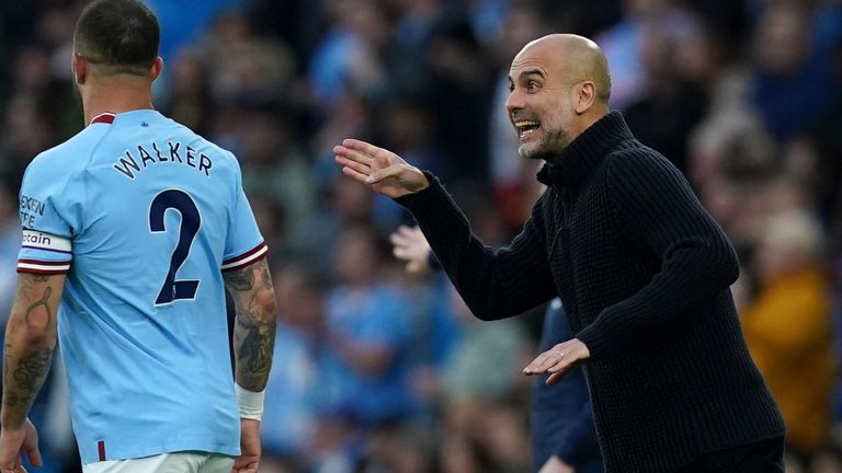 Man City boss Pep Guardiola passes on instructions to Kyle Walker