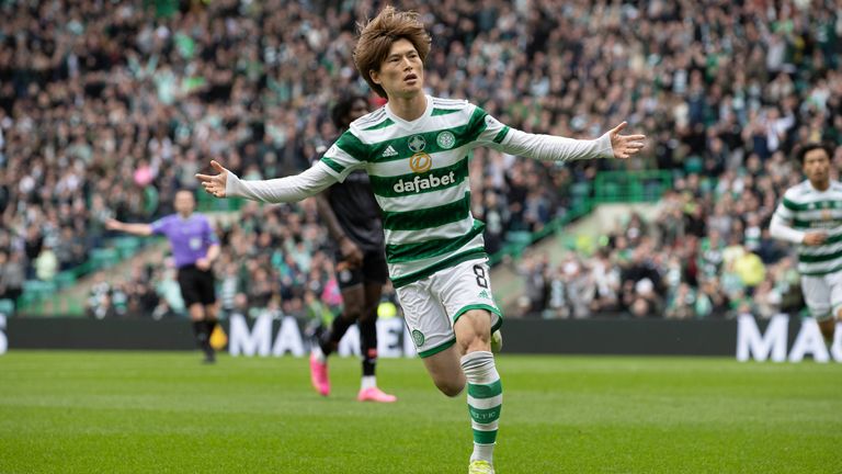 GLASGOW, SCOTLAND - MAY 20: Celtic&#39;s Kyogo Furuhashi celebrates after making it 1-1 during a cinch Premiership match between Celtic and St Mirren at Celtic Park, on May 20, 2023, in Glasgow, Scotland.  (Photo by Alan Harvey / SNS Group)