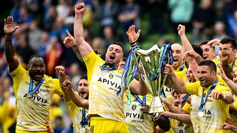 20 May 2023; Gregory Alldritt, left, and Romain Sazy of La Rochelle lift the trophy after the Heineken Champions Cup Final match between Leinster and La Rochelle at Aviva Stadium in Dublin. Photo by Ramsey Cardy/Sportsfile
