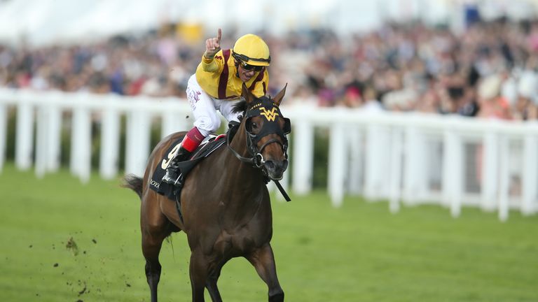 Frankie Dettori riding Lady Aurelia to win the Queen Mary Stakes