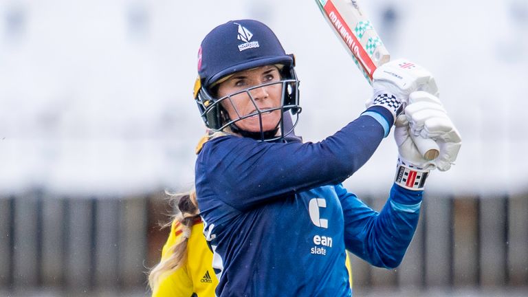 Picture by Allan McKenzie/SWpix.com - 10/05/2023 - Cricket - The Rachael Heyhoe Flint Trophy - Northern Diamonds v South East Stars - North Marine Road, Scarborough, England - Northern Diamonds' Lauren Winfield-Hill hits out against the South East Stars.