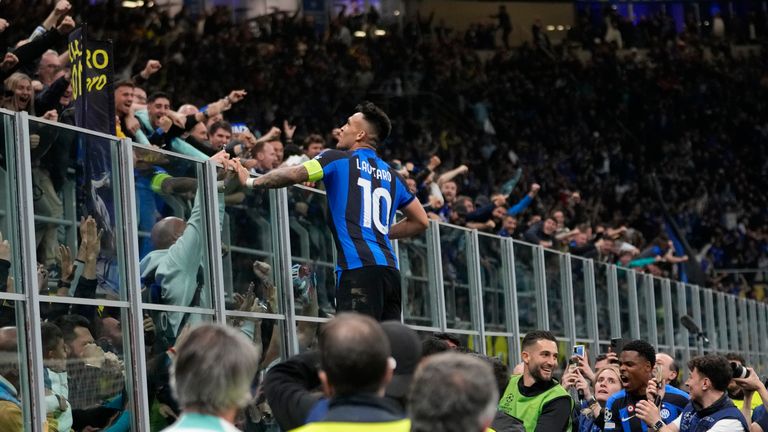 Inter Milan&#39;s Lautaro Martinez celebrates after scoring his side&#39;s opening goal