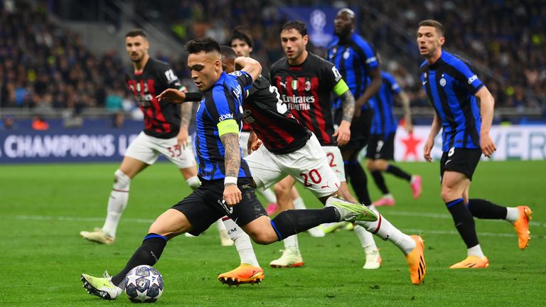 Lautaro Martinez scores to put Inter Milan ahead in the second leg of their Champions League semi-final against rivals AC Milan