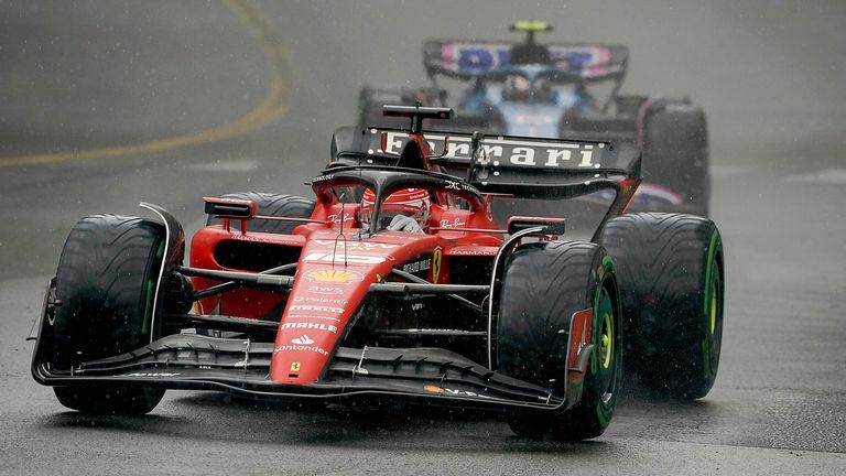 Charles Leclerc running ahead of Pierre Gasly at the Monaco GP after a race-long battle with the Alpine driver