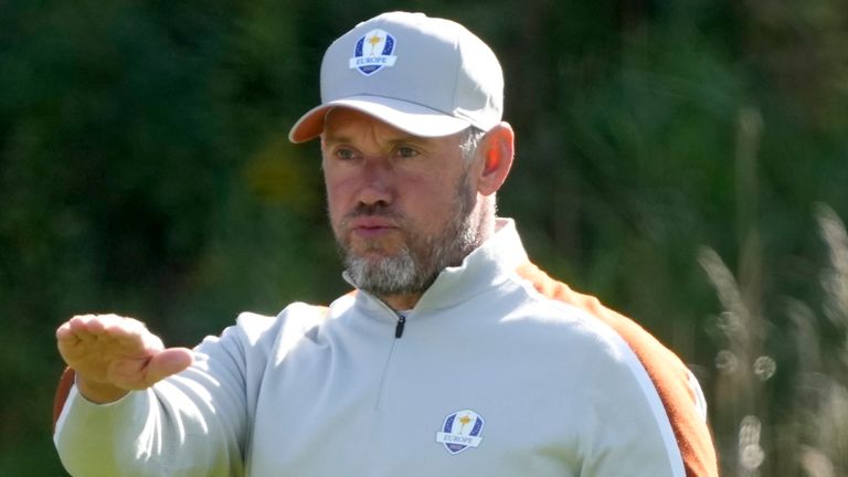 Team Europe's Lee Westwood reacts to a shot on the ninth hole during a foursomes match the Ryder Cup at the Whistling Straits Golf Course Saturday, Sept. 25, 2021, in Sheboygan, Wis. (AP Photo/Charlie Neibergall)