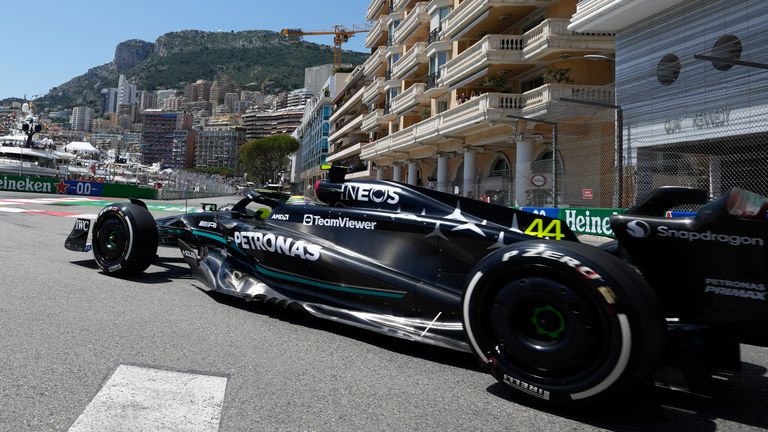 Mercedes driver Lewis Hamilton of Britain pulls onto the track during the Formula One first practice session at the Monaco racetrack, in Monaco, Friday, May 26, 2023. The Formula One race will be held on Sunday. (AP Photo/Luca Bruno)