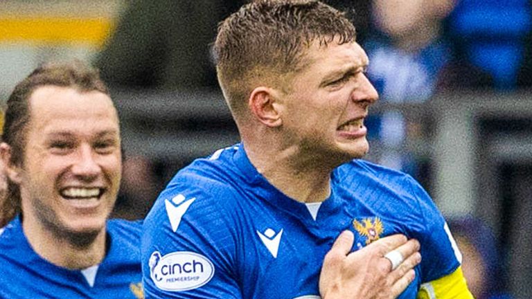 PERTH, SCOTLAND - MAY 06: St Johnstone's Liam Gordon celebrates as he makes it 1-0 during a cinch Premiership match between St Johnstone and Dundee United at McDiarmid Park, on May 06, 2023, in Perth, Scotland.  (Photo by Alan Harvey / SNS Group)