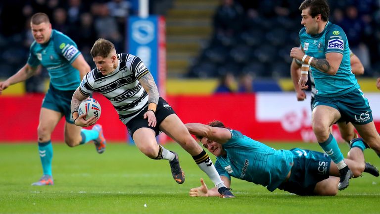 Hull FC v Wigan Warriors - Betfred Super League - MKM Stadium
Hull FC's Liam Sutcliffe is tackled during the Betfred Super League match at MKM Stadium, Hull. Picture date: Thursday May 4, 2023.