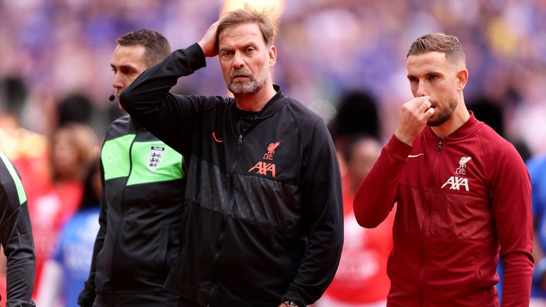 Liverpool manager Jurgen Klopp and Jordan Henderson during the FA Cup final national anthems last season