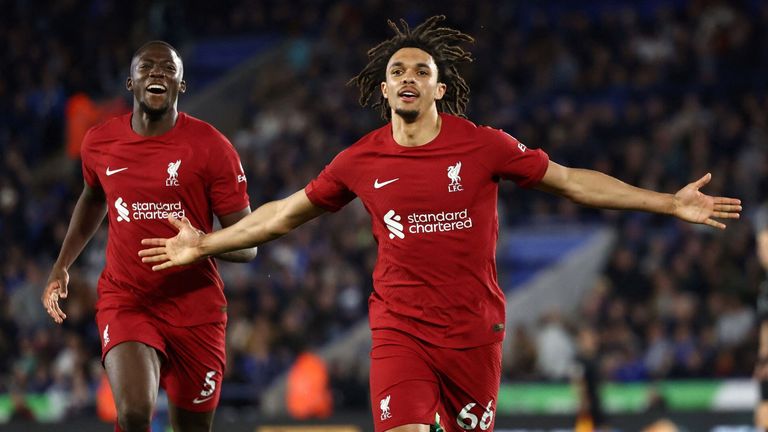 Trent Alexander-Arnold celebrates after scoring Liverpool&#39;s third goal against Leicester