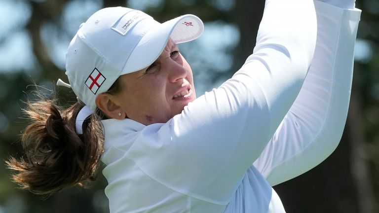 England's Liz Young hits from the 11th tee at the International Crown match play golf tournament in San Francisco, Thursday, May 4, 2023. (AP Photo/Jeff Chiu)