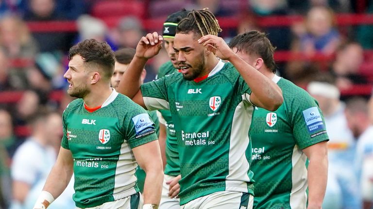 London Irish's Chandler Cunningham-South (right) reacts after scoring his side's first try against Harlequins