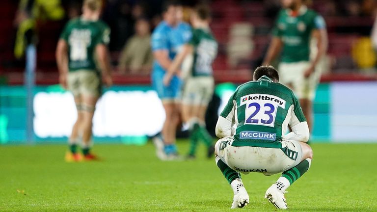 London Irish's Tom Parton appears dejected.