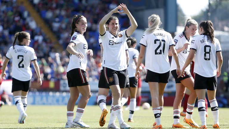 Lucia Garcia gestures to the crowd after scoring Manchester United's winner against Liverpool on the final day of the WSL season