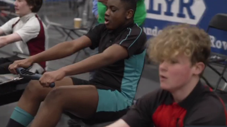 Competitors locked in an intense battle. Indoor rowing is helping broaden the sport’s appeal. 