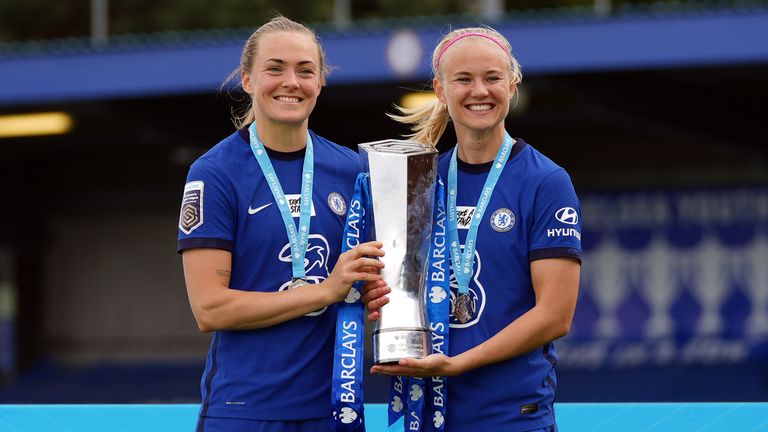 Magdalena Eriksson and Pernille Harder with the WSL trophy