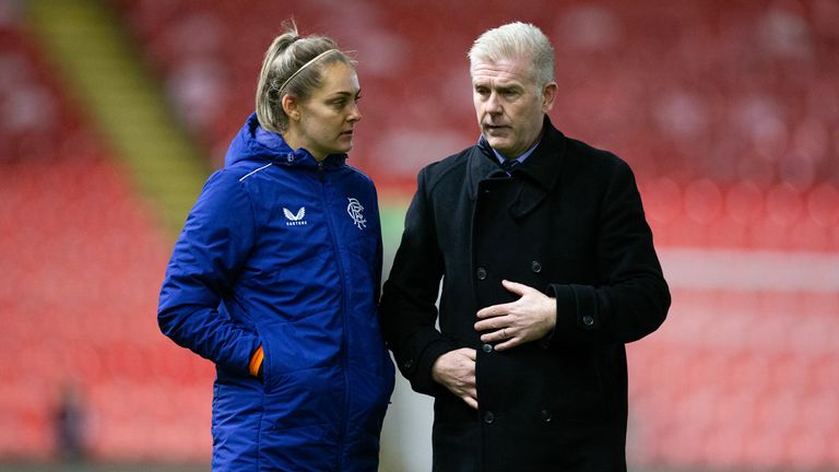 GLASGOW, SCOTLAND - NOVEMBER 26: Rangers' Manager Malky Thomson and Jenna Fife at full time during a Scottish Women's Premier League match between Rangers and Celtic at Broadwood Stadium, on November 26, 2022, in Glasgow, Scotland.  (Photo by Ewan Bootman / SNS Group)