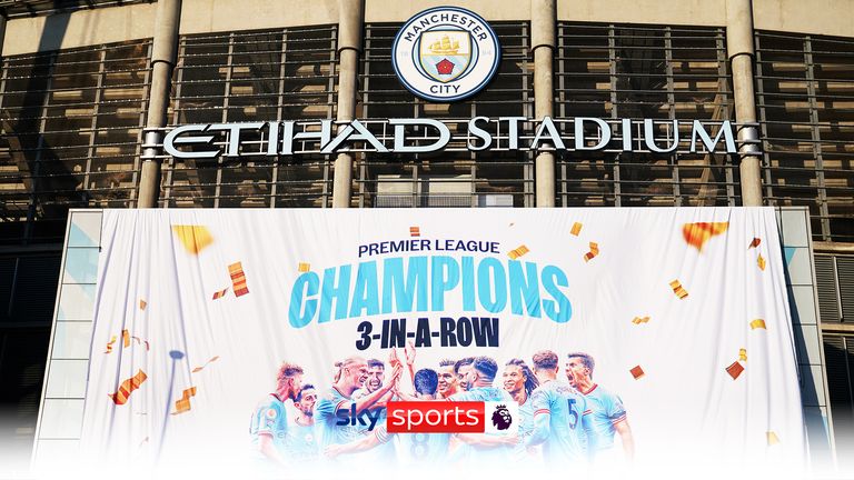 A Manchester City Champions banner is unveiled outside of the Etihad Stadium