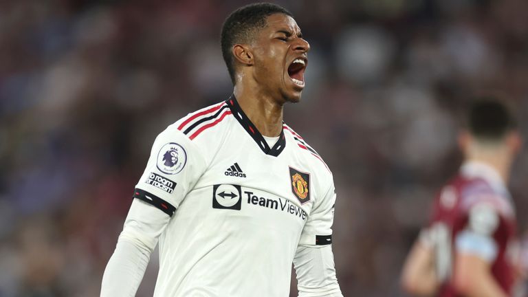 Manchester United's Marcus Rashford reacts during the West Ham match