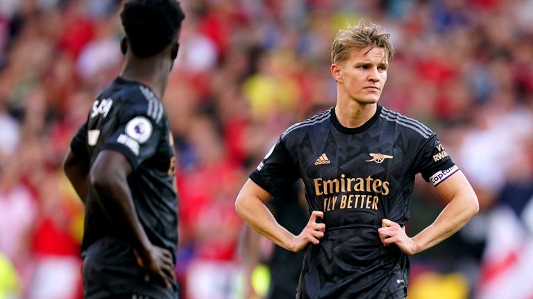 Martin Odegaard appears dejected. It was the Arsenal captain's misplaced pass that led to Forest's opener