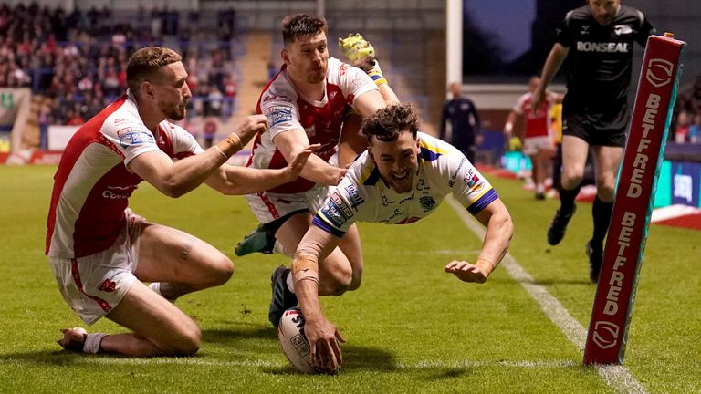 Warrington Wolves v Hull KR - Betfred Super League - Halliwell Jones Stadium
Warrington Wolves' Matty Ashton dives in to score his sides third try during the Betfred Super League at the Halliwell Jones Stadium, Warrington. Picture date: Friday May 12, 2023.