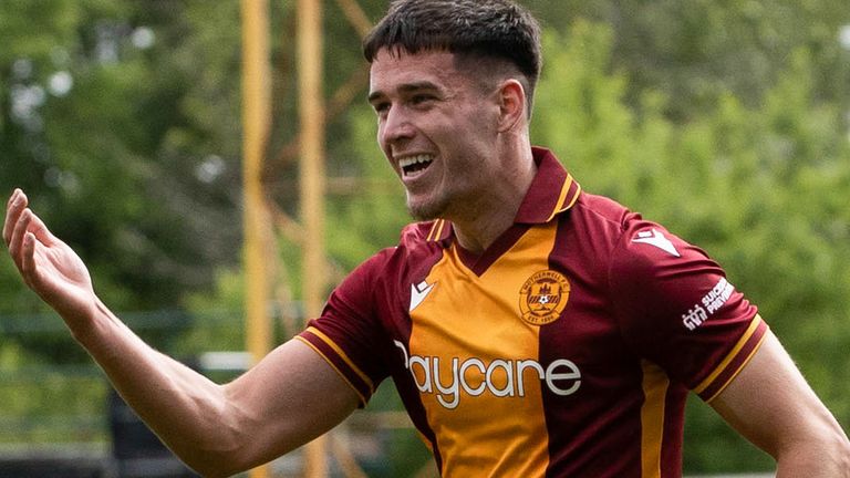 MOTHERWELL, SCOTLAND - MAY 28: Motherwell's Max Johnston celebrates his goal to make it 3-2 during a cinch Premiership match between Motherwell and Dundee United at Fir Park, on May 28, 2023, in Motherwell, Scotland.  (Photo by Alan Harvey / SNS Group)