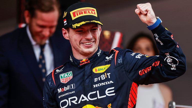 Max Verstappen celebrates his win at the Monaco GP