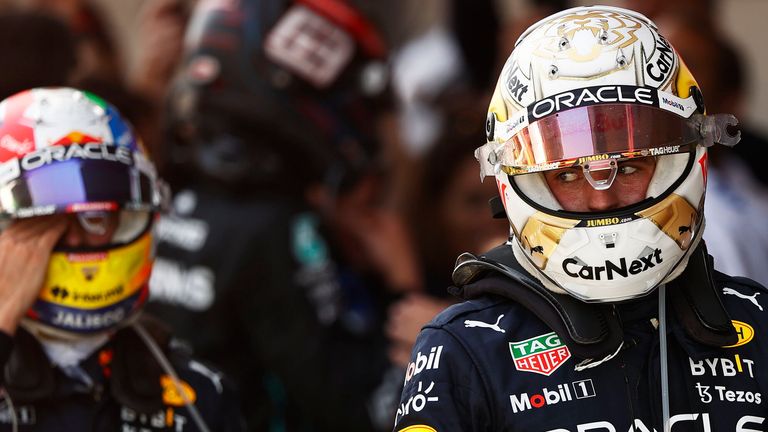 CIRCUIT DE BARCELONA-CATALUNYA, SPAIN - MAY 22: Max Verstappen, Red Bull Racing, 1st position, and Sergio Perez, Red Bull Racing, 2nd position, in Parc Ferme during the Spanish GP at Circuit de Barcelona-Catalunya on Sunday May 22, 2022 in Barcelona, Spain. (Photo by Andy Hone / LAT Images)